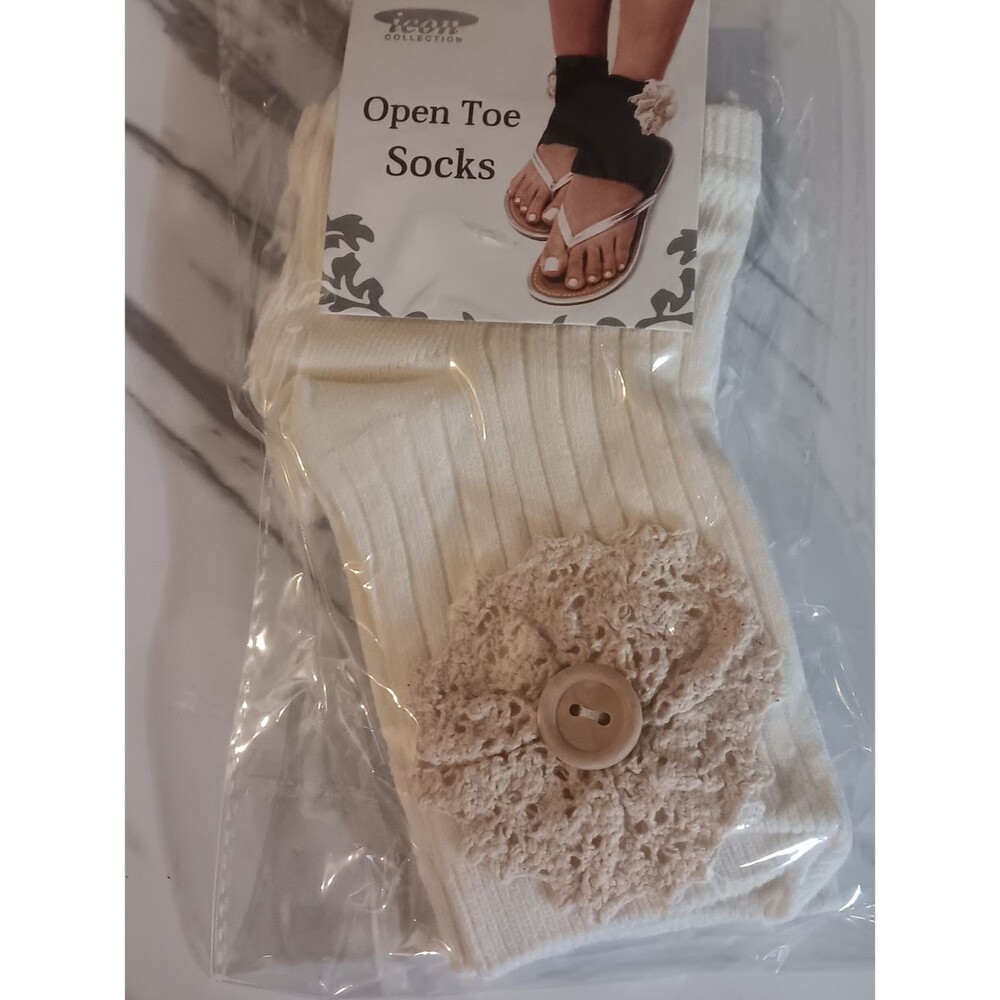 Ivory Open-Toe Crochet Flower Socks with Button Accent - Picture 1 of 2